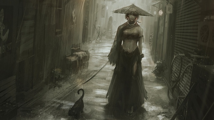 Woman with Katana and Black Cat in Rainy Alley