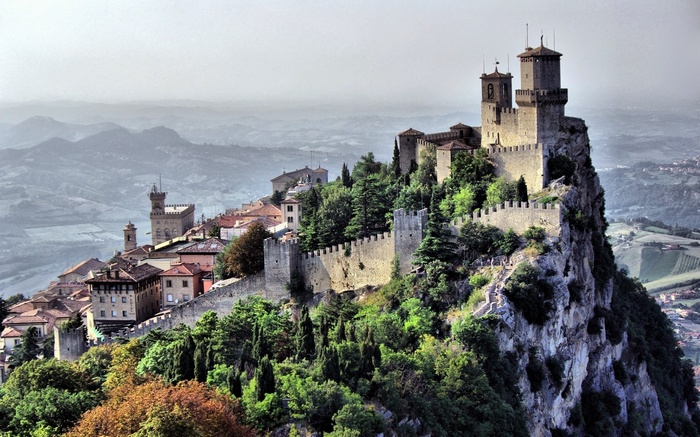 landscape, San Marino, castle, clouds, sky, nature, forest, mountains