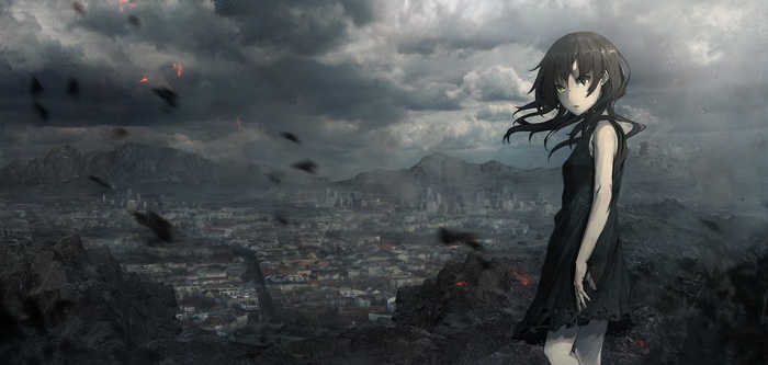 Anime girl in black dress in a destroyed city