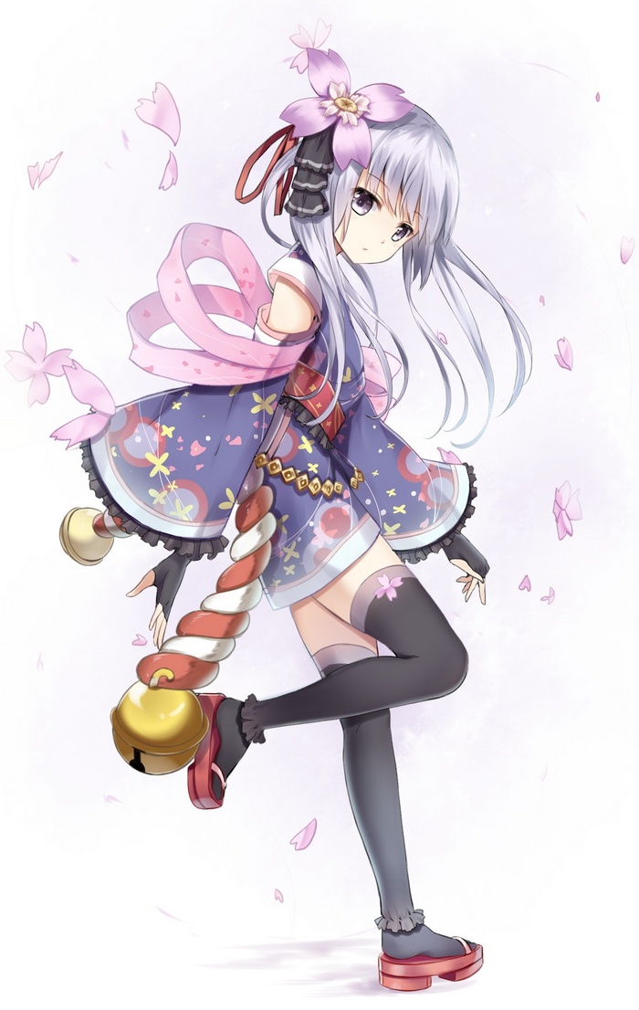 Anime girl with cherry blossom hair accessory and bell