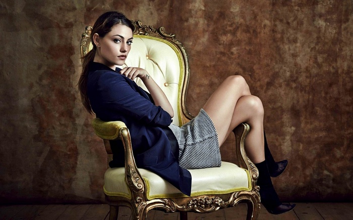 sitting, Phoebe Tonkin, legs crossed, skirt, legs, tattoo, women, jacket, actress, ponytail, chair, brunette, looking at viewer, boat, long hair