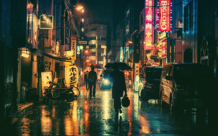 Rainy night in Tokyo with neon signs and cars