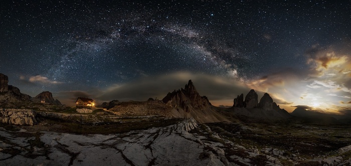 panoramas, landscape, nature, cabin, Milky Way, Italy, photography, building, Dolomites (mountains), long exposure, starry night, galaxy, summer, lights