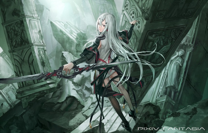 Anime girl with white hair and sword in ruins