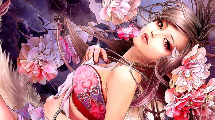 Anime girl with red eyes and pink flowers