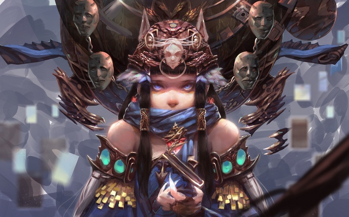 Fantasy art of a masked woman with glowing eyes