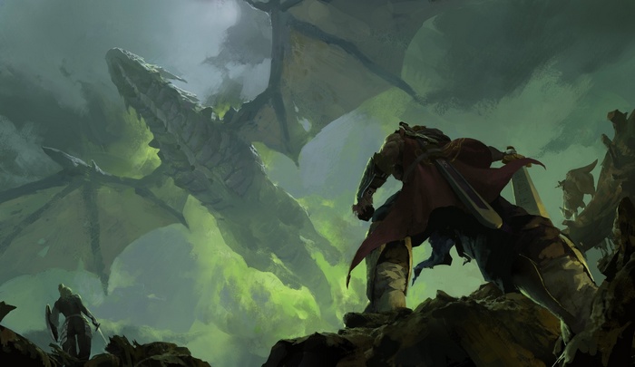Fantasy art of a dragon and warriors