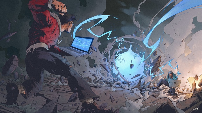 Two men with laptops in a chaotic digital battle