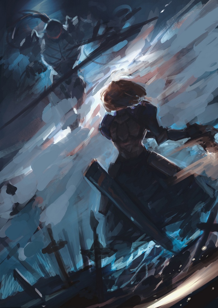 Saber in a dark, dramatic battle scene