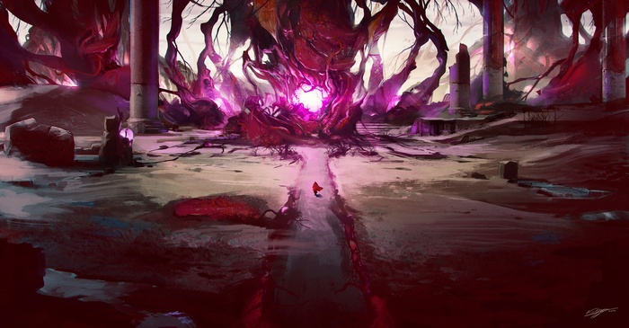 Fantasy art of a red figure approaching a glowing tree