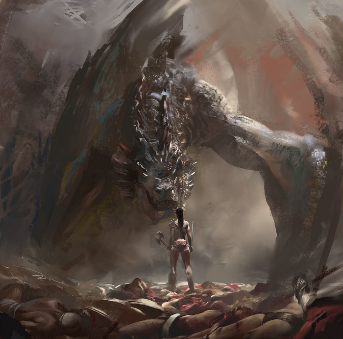 Dragon and warrior standing over fallen soldiers