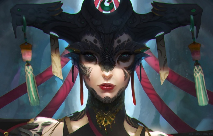 Fantasy art of a woman with elaborate headdress