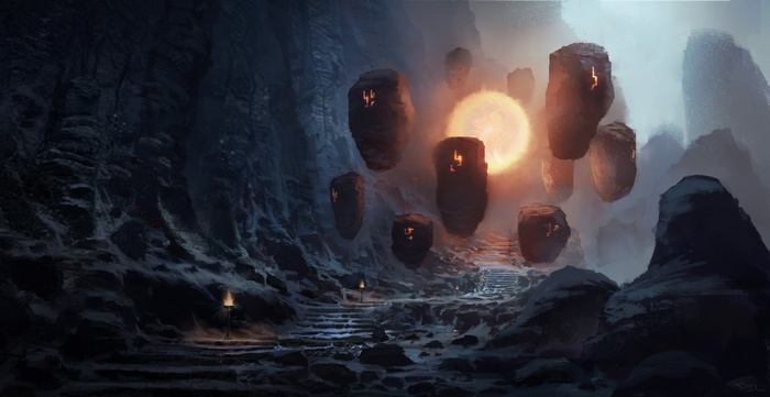 Floating rocks with glowing openings in a cave