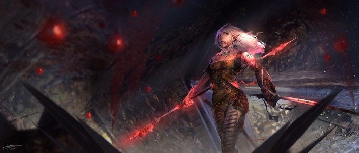 Fantasy art of an elf warrior with glowing weapons