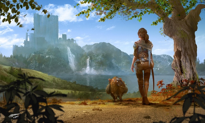 Girl and creature near a misty castle and waterfalls