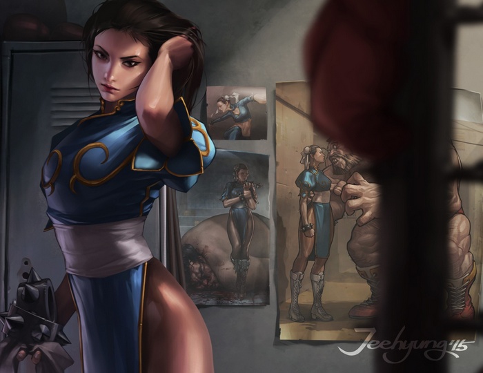 Chun-Li and Zangief in a locker room