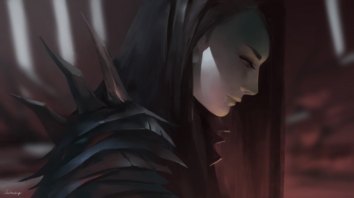 Fantasy art of a woman in dark armor