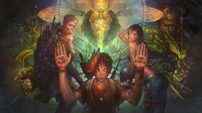Fantasy art with winged creature and people