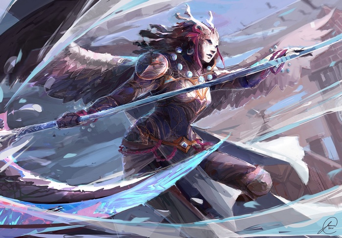 Fantasy warrior with wings and sword