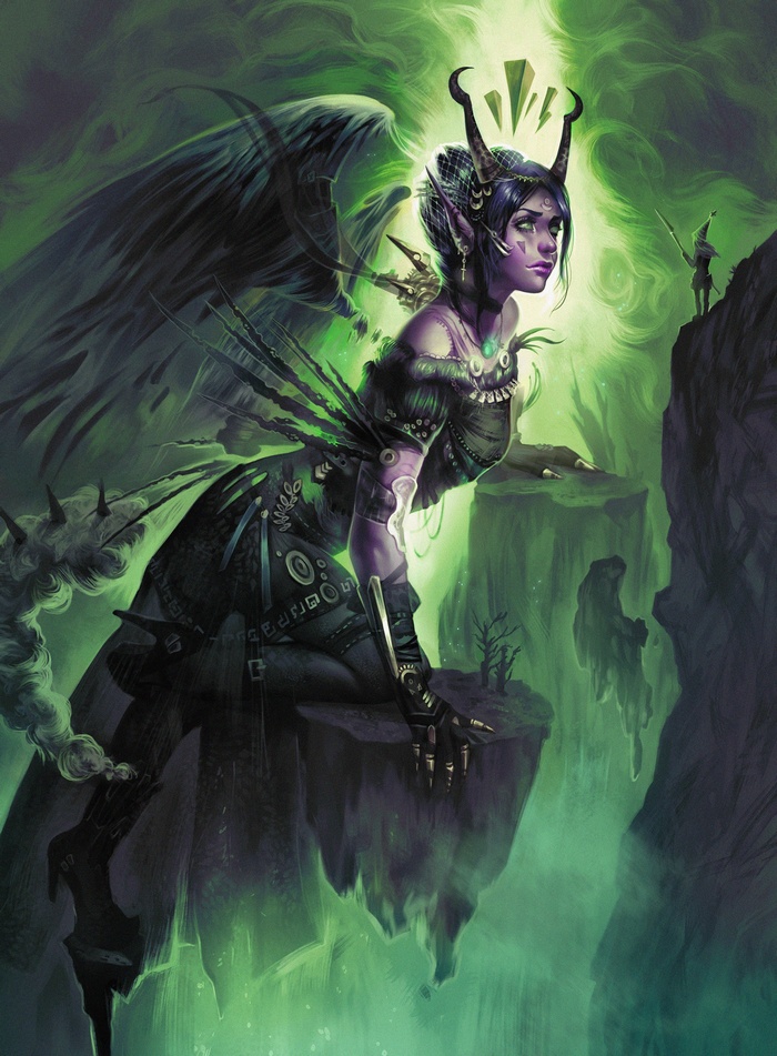 Fantasy art of a winged demoness with horns