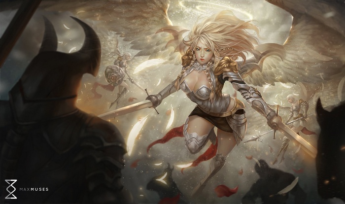 Angel warrior in battle with demons