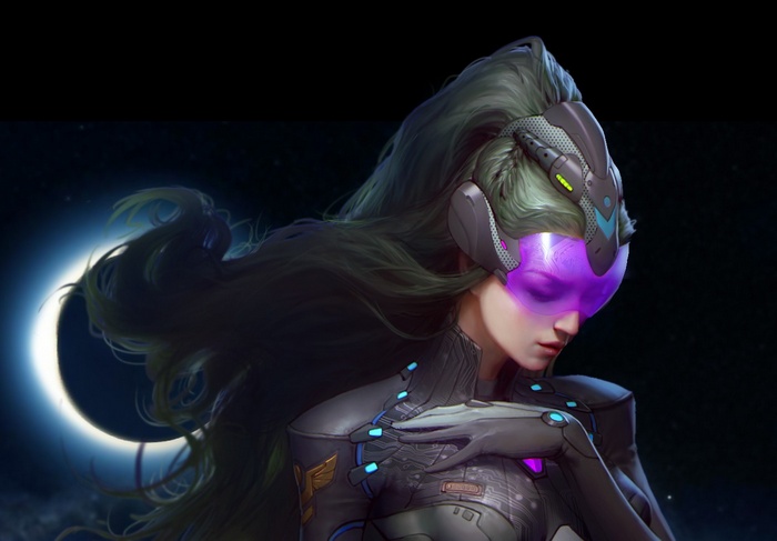 Futuristic woman with green hair and purple visor