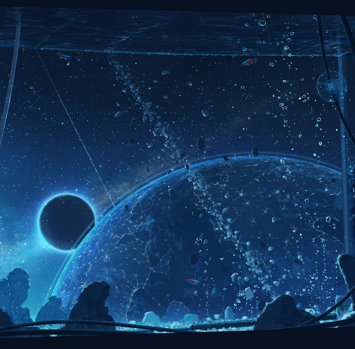 Anime space scene with planet and moon