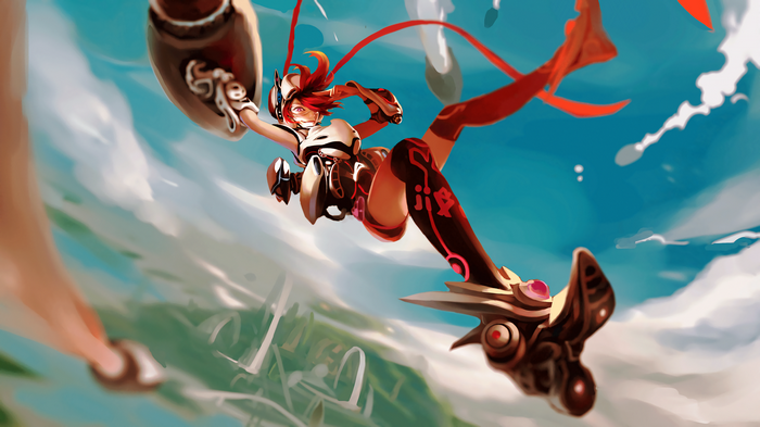 Girl with red hair in futuristic armor flying