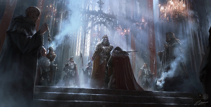 Fantasy King and Knights in a Cathedral