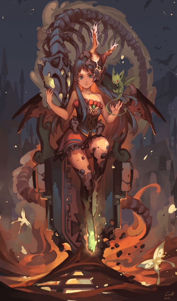 Girl with dragon skeleton and fairy companion
