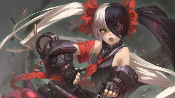 Girl with black and white hair holding a gun