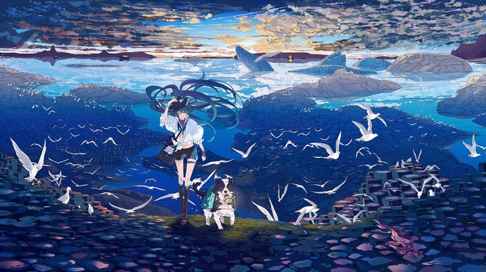 Hatsune Miku and dog by the sea with birds