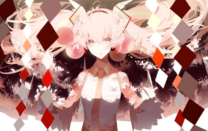 Sakura Miku surrounded by diamond shapes and cherry blossoms