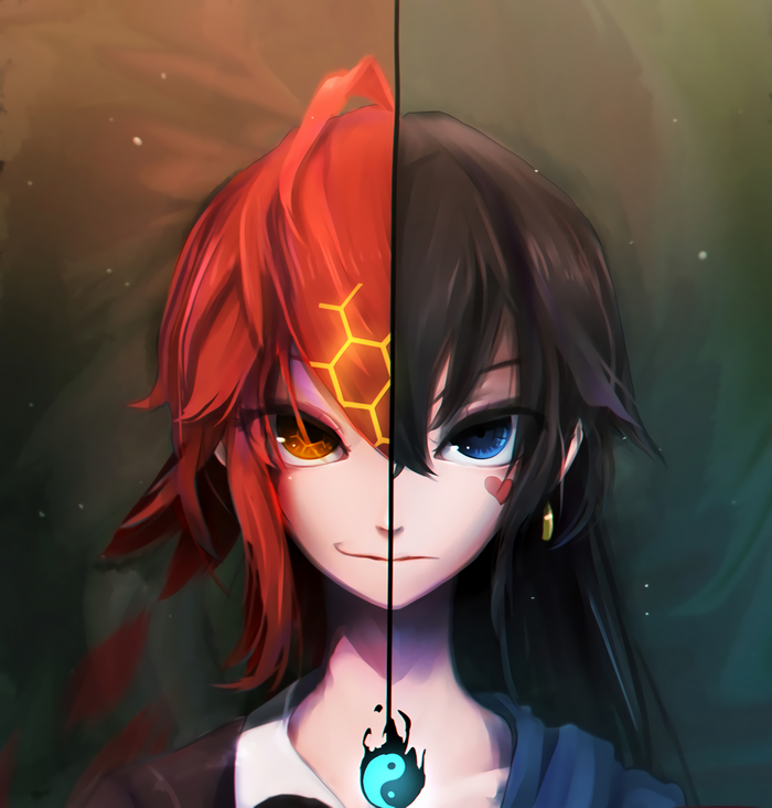 Anime girls split down the middle with contrasting features