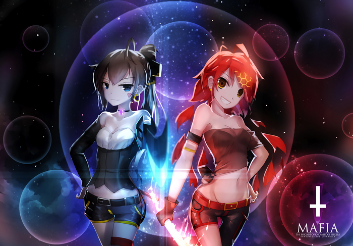 Two anime girls with glowing weapons in space