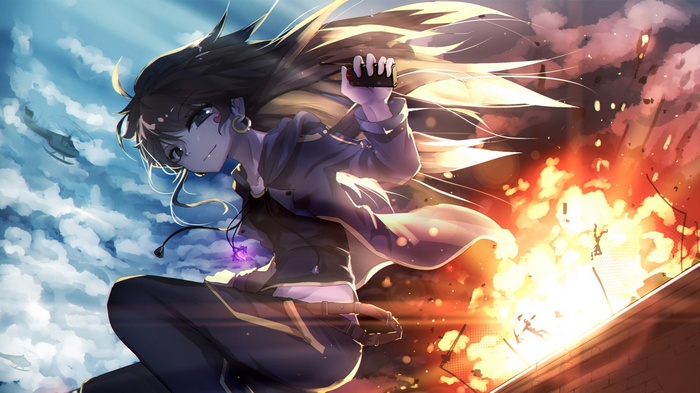 Anime girl in front of explosion and helicopters