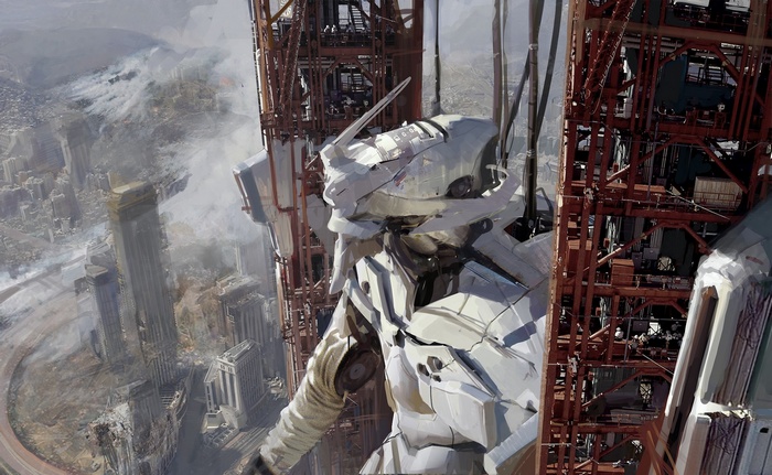 Evangelion Unit-01 on a construction tower overlooking a ruined city