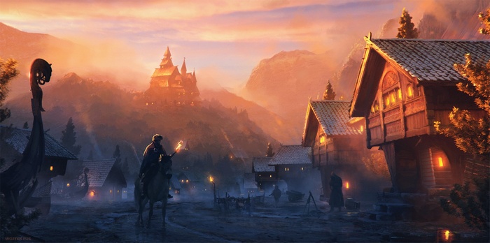 Fantasy village with Viking longship and castle