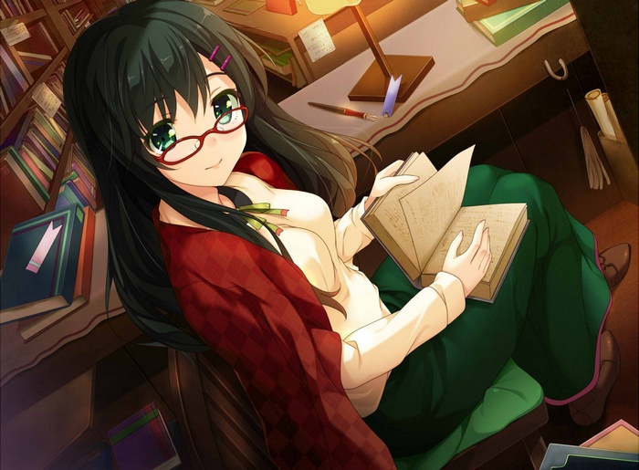 Anime girl with glasses reading a book in a library
