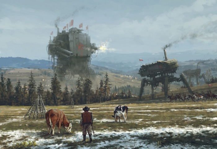 Steampunk mechs and cows in a field
