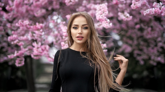 black clothing, open mouth, face, blue eyes, Mary Jane, long hair, windy, Alex Fetter, women, flowers, Maria Puchnina, women outdoors, blonde, trees