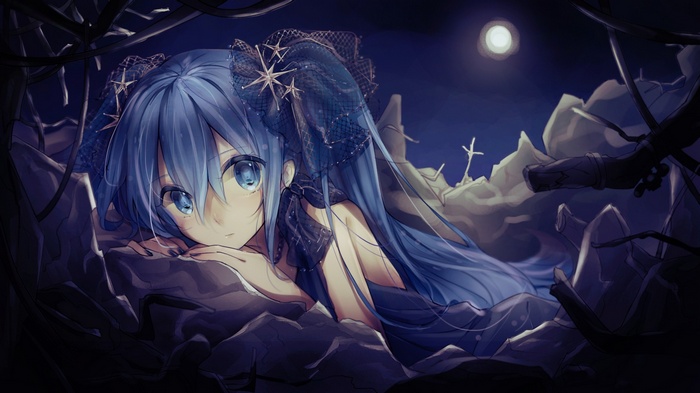 Hatsune Miku in a dark, moonlit environment