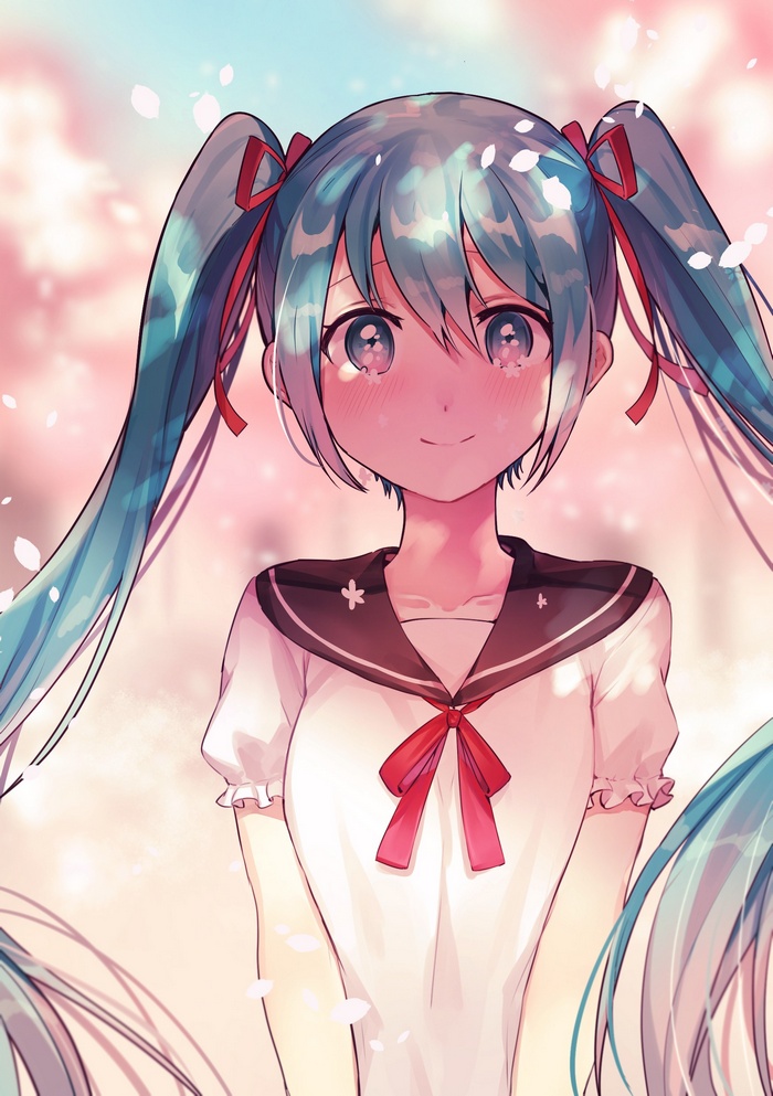 Hatsune Miku in a school uniform with cherry blossoms