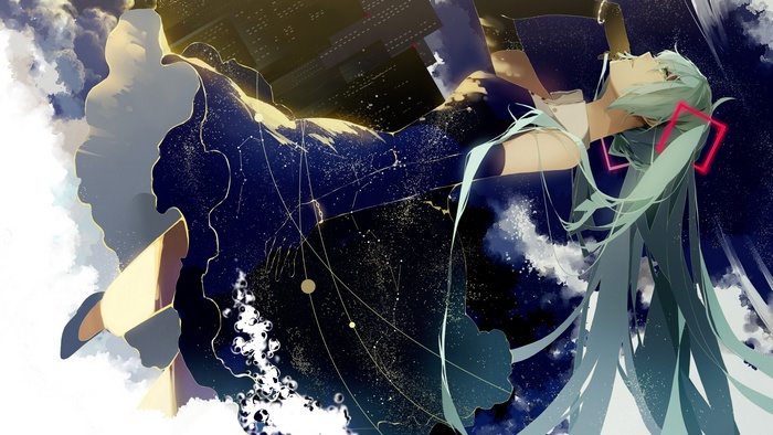 Hatsune Miku in a starry dress with city and clouds