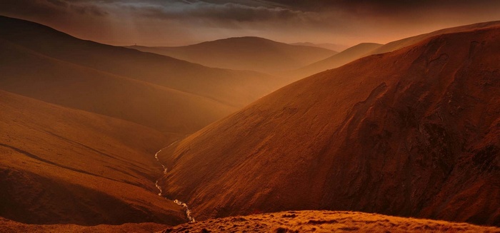 amber, clouds, mountains, sunlight, hills, ravine, valley, landscape, river, nature, mist