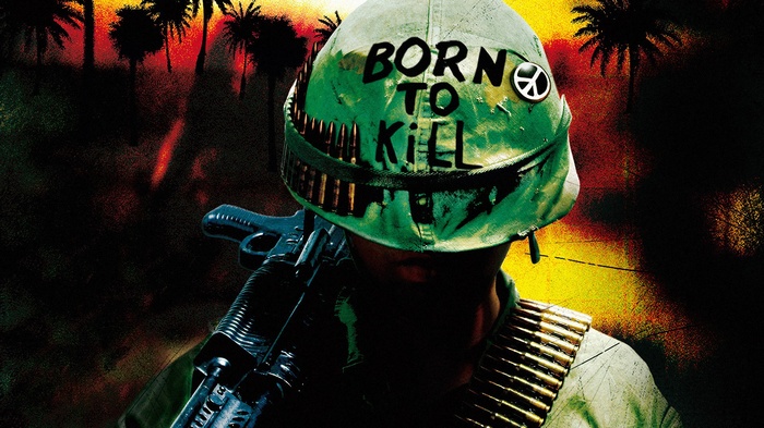 gun, Full Metal Jacket, Vietnam War, artwork, helmet, peace sign, movies