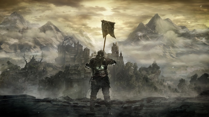 Dark Souls III Knight with Flag in Misty Mountains