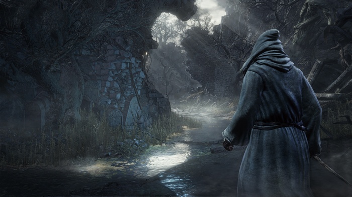 Dark Souls III hooded figure in a misty graveyard
