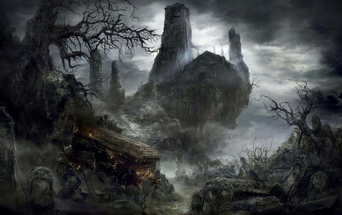 Dark Souls III Gothic Castle Landscape with Coffin