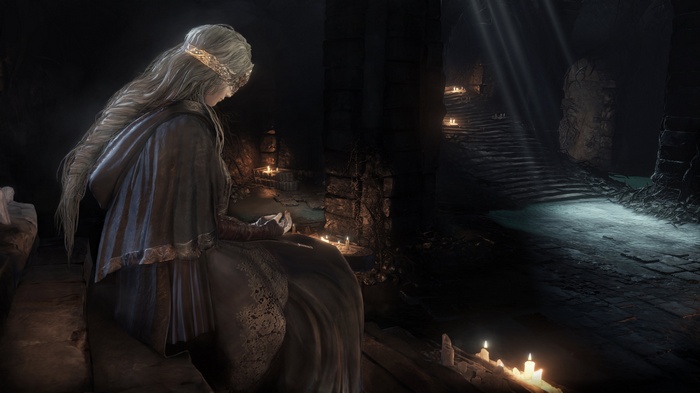 Dark Souls III: A woman in a dark castle with candles